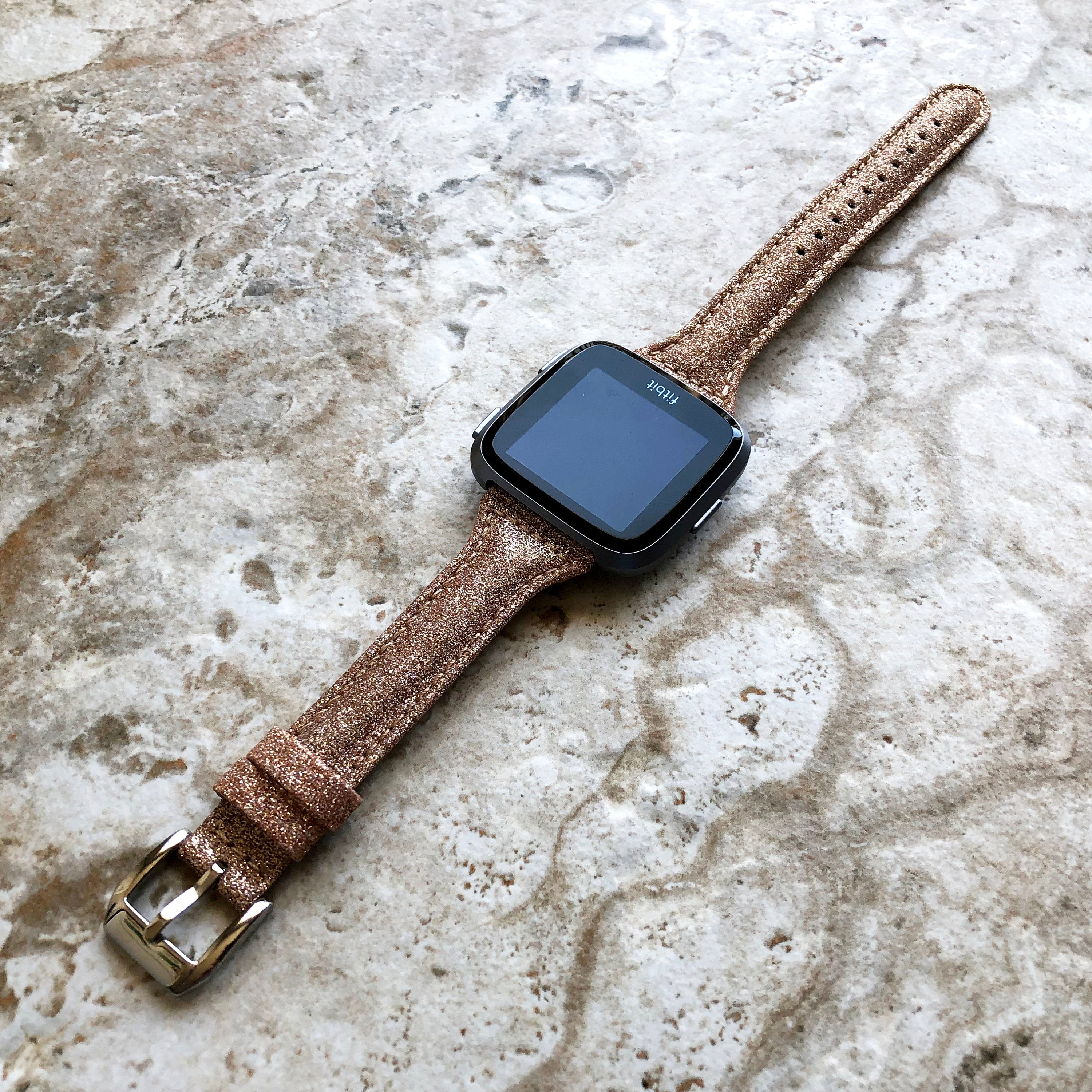 Fitbit Versa 2 3 4 Sense 2 Band Gold Sparkling Glitter Slim Elegant Soft Leather Strap with Stitching Details and Quick Release Attachments